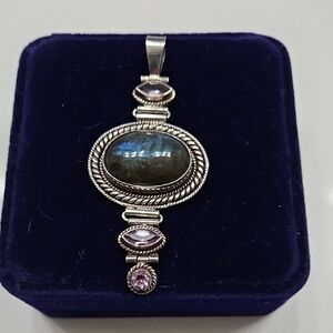 Sterling Silver, Laboradite And Amethyst Enhancer Pendant